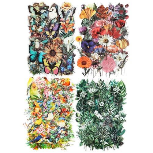 Dizdkizd 200-Piece Vintage Floral Greenery Bird Sticker for Scrapbooking, Journaling, Crafts, Seasonal Nature Scrapbook Sticker Pack, Transparent and Waterproof, PET Film Material