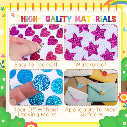 3320 Pcs Shapes Holographic Stickers Multi Color Geometric Stickers Basic Shapes Dot Labels Round Heart Squares Star for Crafts Reward DIY Art Projects Offices(Sparkly)
