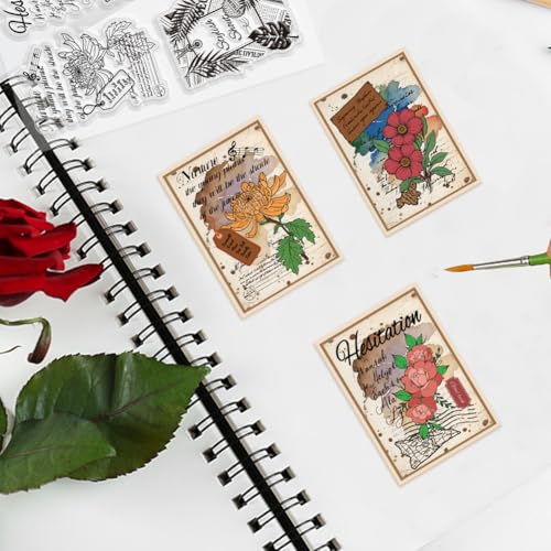 INFUNLY 2 Set Vintage Plant Word Clear Stamps and Dies for Card Making Chrysanthemum Stamps and Die Cuts Flower Leaf Silicone Stamp Retro Background Embossing Template for DIY Scrapbooking Album Decor - style: Animal&Plants