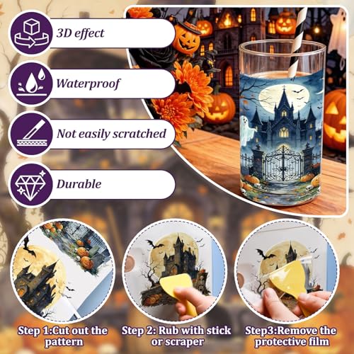WANDIC 3Pcs Halloween UV DTF Cup Warp Rub on Transfer Stickers, Castle Gothic Witch House Waterproof Scrapbook Decals for Craft Furniture, 15 * 30cm - color: Halloween Castle