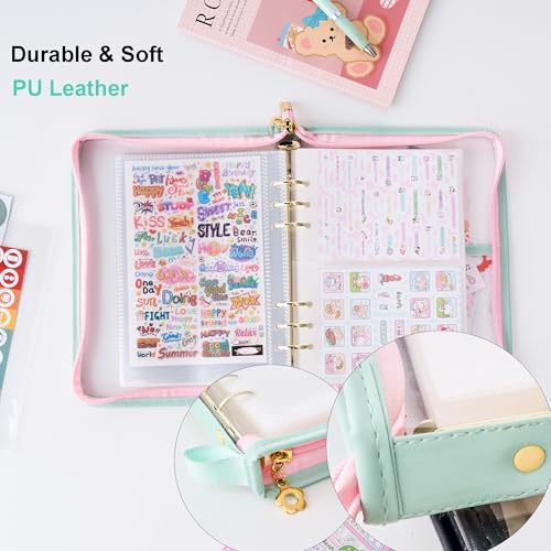 A5 Sticker Collection Organizer Binder kit large capacity (65 sheet), PU leather clear sticker storage book album with zipper closure,double-sided Collecting for journal scrapbook planner (Green)