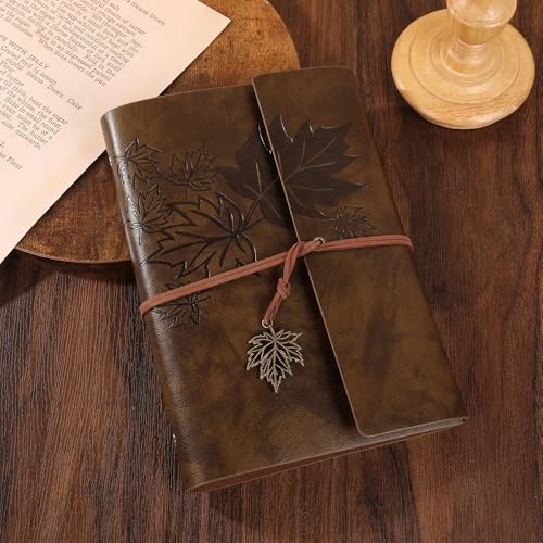 Journal Notebook for Women Men, Brown Leather Sketchbook Classic Spiral Bound Notebook with Unlined Kraft Paper Refillable Diary Travel Journals for Writing Ideal Gifts(Leaves,A5/DarkBrown) - color: Dark Brown