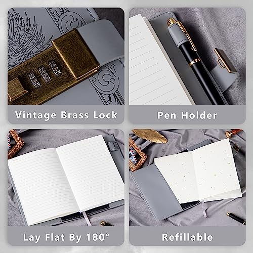TIEFOSSI Phoenix Journal Notebook with Lock, Vintage Leather Locked Diary - color: Grey