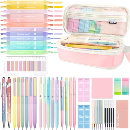 JIZHIYUAN 53PC Aesthetic School Supplies with Pink Pencil Case for Students - color: Multicolor，Black