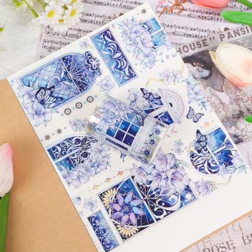 Sitsink PET Tape for Journal Scrapbooking - Gothic Window Purple Flowers PET Tape Stickers for Crafts Junk Journal Supplies Notebook Scrapbook DIY Decor Ornament - style: Purple Window Flower