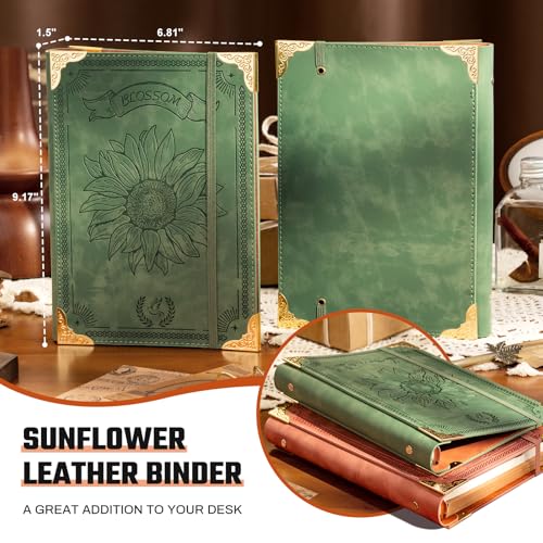 Ovesmusl Sunflower PU Leather A5 Binder 6 Ring Refillable Journal Cover - color: Green Sunflower, size: A5 Binder Cover