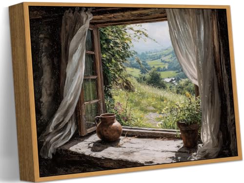 Floating Framed Country Window View Canvas Wall Art, Vintage Cottagecore Painting Picture Wall Decor, Rural Farmhouses Landscape Poster Print Artwork for Bedroom Living Room Home Decoration 12x16in - color: Countryside Window View, size: 16"L x 12"W