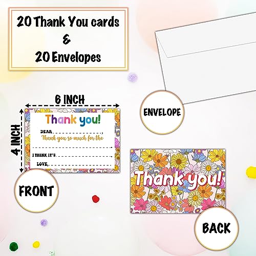 Wildflowers Thank You Cards, Daisy Themed Fill In The Blank Thank You Card, Appreciation Notes for Boys Girls, Floral Birthday Party Favors Supplies (20 Set of Cards with Envelopes) - B11 - color: Daisy