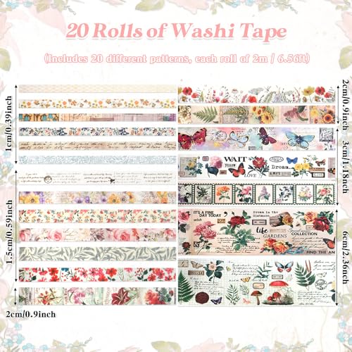 Washi Tape Set 20 Rolls Vintage Washi Tape Self-Adhesive Floral Tape Scrapbook Paper Tape Floral Patterns Decorative Tape for Scrapbook Journal DIY Craft Scrapbooking Journal Supplies Gift Wrapping - color: Floral-20rolls