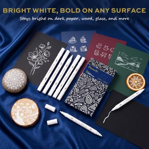 finenolo 8 Pack White Acrylic Paint Markers, Dual Tip Paint Pens with Dot & Fine Tips for Rock, Wood, Glass, Fabric, Plastic, Ceramic, DIY Crafts, Art Supplies