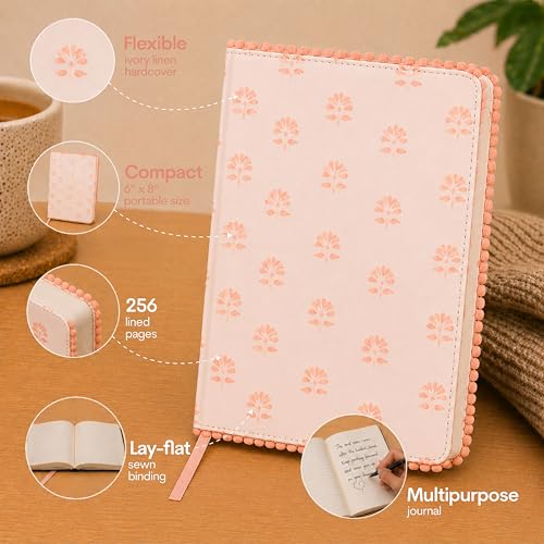 WORLD TRAVELER Eccolo A5 Lined Journal 256 Ivory Pages Lay Flat 6x8 - color: Peach Blockprint