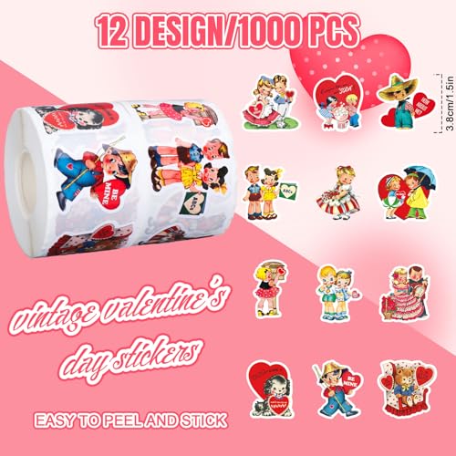 Whaline 1000Pcs Vintage Valentine's Day Stickers Roll Retro Heart Boy Girl Self-Adhesive Sticker Decals for Wedding Anniversary Scrapbook Journal Card, 12 Design - style: Vintage Valentine's Day