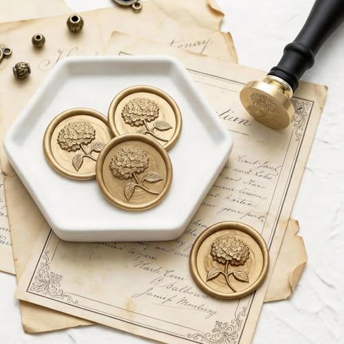UNIQOOO 3D Embossed Relief Hydrangea Flowers Wax Seal Stamp with Wooden Handle, Floral Botanical Theme Vintage Brass Stamp for Wedding Invitation, DIY, Gift Wrap, Envelopes, Christmas Card - color: Hydrangea