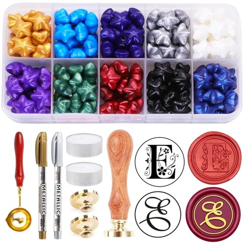 Wax Seal Kits, 200pcs Multicolor Wax Seal Beads and 2pcs Initial Alphabet E WaxSeal Stamp for Wedding Invitations Gift Wraps Envelopes and Christmas Cards (Alphabet E Kit) - color: Alphabet E Kit