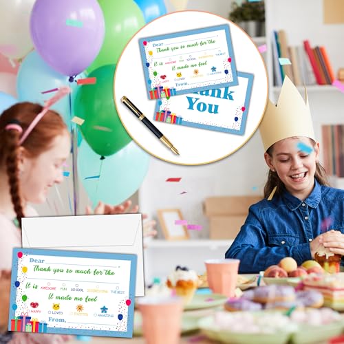 Blue Border Thank You Cards, Gift Box Balloons Thank You Notes for Birthday Party, Greeting Postcards for Girls Boys, 25 Pack Fill-in-Blank Gratitude Cards with Envelopes, 07 - color: Gift Box Balloons