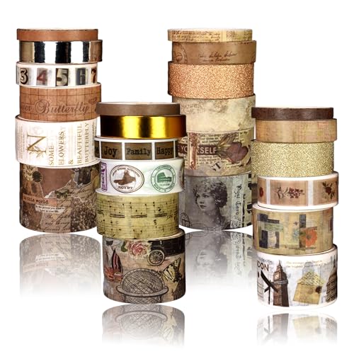 Washi Tape Set, 24 Rolls Vintage Washi Stickers, Assorted Sizes, for Junk Journal Scrapbook Tape, Bullet Journaling Scrapbooking Supplies, Planner Sticker DIY Craft DéCor (Brown) - color: Brown