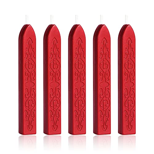 Yoption 5Pcs Bright Red Sealing Wax Sticks with Wicks for Wax Seal Stamp | Embossed Pattern Wax Sticks for Wedding Invitation, Christmas Card, Envelope, Snail Mail, Wine Package, Gift Wrapping - color: Bright Red