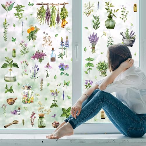 Herb Window Stickers Watercolor Plants Wall Decals Botanical Leaf Art Mural | Medicinal flower leaves decal for window wall, removable vinyl decor, peel and stick, self adhesive, for living room bedroom - color: Herb