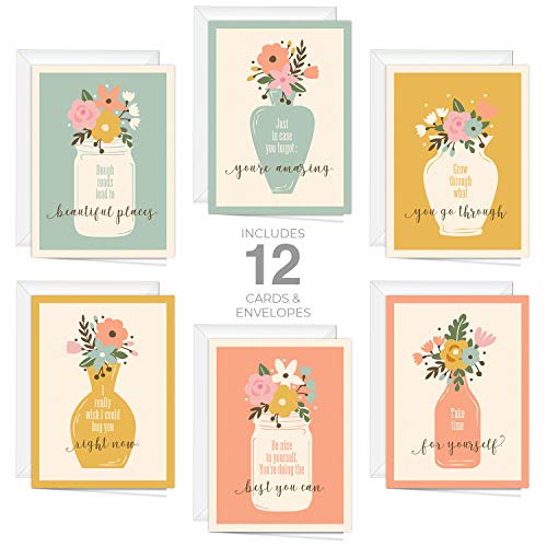 Wildflower Encouraging Greeting Cards / 12 Inspirational Flower Vase Note Cards / 5" x 7" Card With White Envelopes / 6 Unique Floral Motivational Designs/Made In The USA - color: Wildflower Encouragement