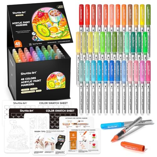 Shuttle Art Automatic Ink Control Acrylic Paint Markers, 48 Colors Brush Tip Acrylic Paint Pens for Rock Painting, Ceramic, Wood, Canvas, Glass, Stone, Fabric, Card Making, DIY & Art Supplies - color: 48 Colors Brush Tip, size: 1 Count (Pack of 48)