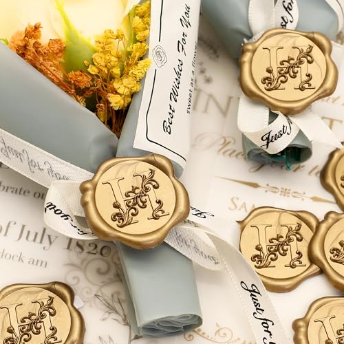 SWANGSA Initial Alphabet Wax Seal Stickers, 50 Pcs Antique Gold 3D Floral Letter H Envelope Seal Stickers Self- Adhesive, Perfect for Wedding Invitation, Christmas, Gift Wrapping - size: 50, style: H