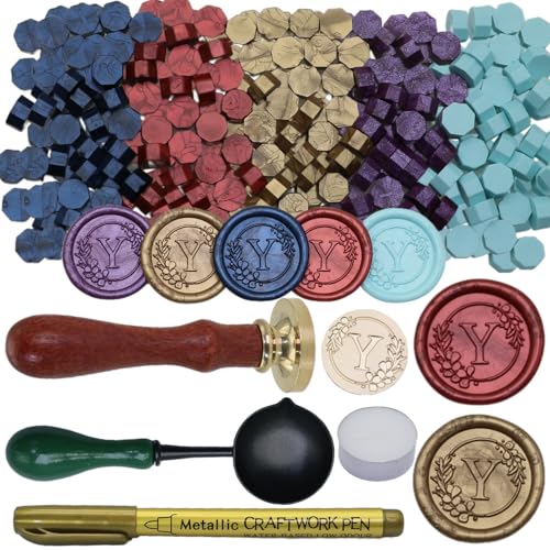 Initial Alphabet Y Wax Seal Stamp Set, Retro Letter Sealing Stamp with 150Pcs Sealing Wax Beads in 5 Color, Melt Spoon Pen Kit for Wedding and Christmas (Y) - style: Y