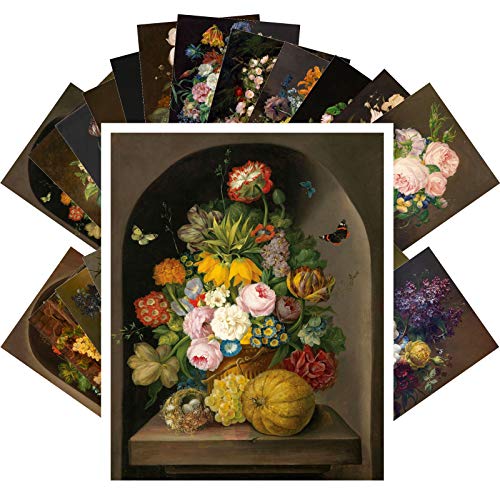 PIXILUV Vintage PostCards 24 pcs FLOWERS STILL LIFE BOUQUET Antique Museum Painting Art by Franz Retro Poster REPRINT - color: Orange