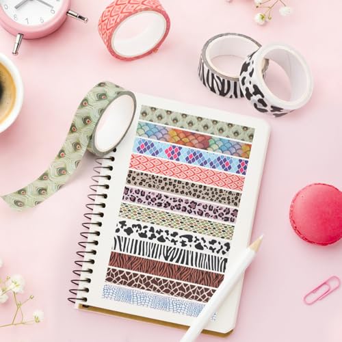 12 Rolls Leopard Animal Print Washi Tape Set,Cute Animal Pattern Decorative Tape,Cheetah Cows Zebra Peacock Decorative Masking Tapes for DIY Scrapbook Journaling Handbook Making Card Wrap Craft Gift - style: Animal Grain