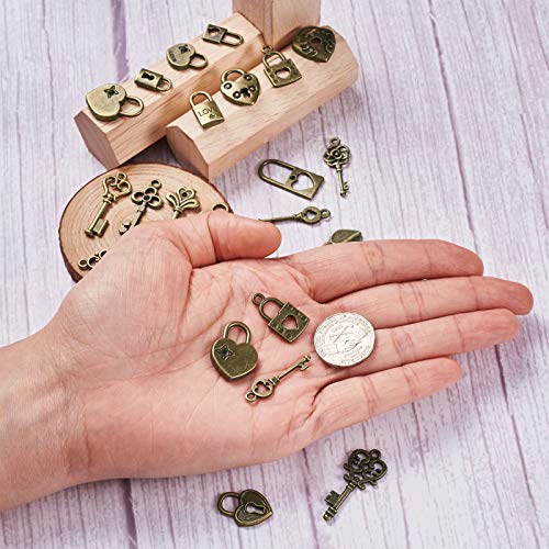 KISSITTY 48pcs/box Antique Bronze Mixed Styles Vintage Skeleton Small Key & Lock Charms Collection 7.5-17.5x14-32.5mm for DIY Jewelry Craft Making