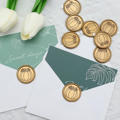 SWANGSA 50 Pack Fall Pumpkin Wax Seal Stickers, Antique Gold Self-Adhesive Envelope Seal Stickers for Halloween Thanksgiving Autumn Wedding Invitations Cards - size: 50 Pack, style: Fall Pumpkin