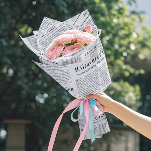 WRAPAHOLIC 20 Sheets Kraft Newspaper Flower Wrapping Paper - 19.6 x 27.5 inch White Font Vintage Newsprint Design Reversible Floral Bouquet Wrapping Paper for Florist Supply Wedding Birthday Gift DIY - color: Kraft Newspaper - White