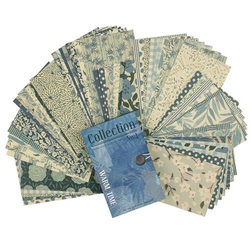 Vintage Blue Scrapbook Paper Pack 60 Sheets Cottage Core Aesthetic Neutral Floral Textured Wallpaper 5.0×3.1 Inch Writable Easy to Tear for Junk Journal Card Making Photo Album - color: Blue