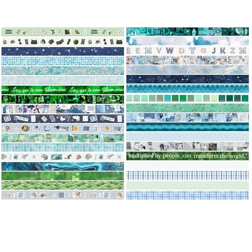 YUBBAEX Nature Washi Tape Value Pack 36 Rolls Plants Printed Masking Tape Cute Decorative for Arts, DIY Crafts, Journal Supplies, Planners, Scrapbook, Card/Gift Wrapping (Green Blue) - color: Green Blue