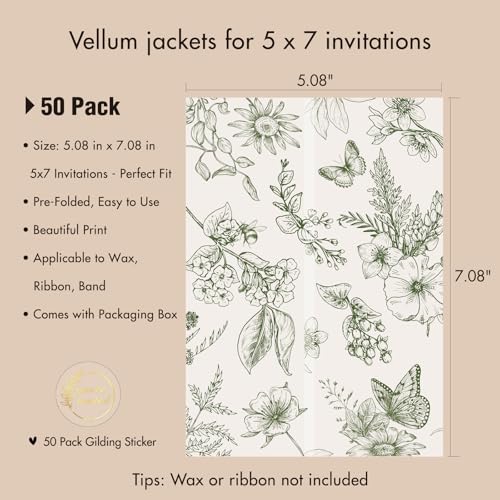50 Pack Pre-Folded Vellum Jackets for 5x7 Invitations,AZAZA Elegant Translucent Invitation Sleeves,115GSM Vellum Jackets 5x7, Wedding Invitation Accessories, for Weddings Birthdays,Sage Green Toile - color: 50Pack--Sage Green Toile