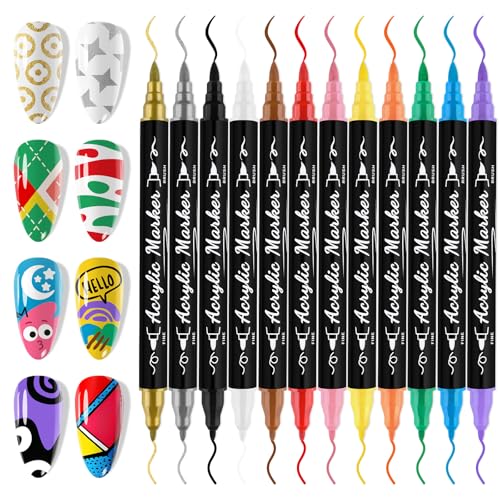 12 Color 3D Nail Art Pens Set, EBANKU Double-Tip Nail Point Graffiti Dotting Pen Drawing Painting Liner for DIY Nail Art Beauty for Christmas - color: Double Tips（B)