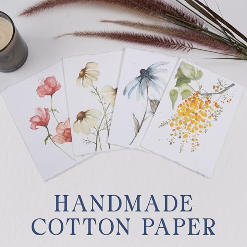 WANDERINGS Handmade Deckle Edge Blank Greeting Cards & Envelopes with Flower Art - 300 GSM Paper – 20 Cards for Invitations, Thank Yous, Get Well and Birthday Cards – 5" x 7" - color: Flower Art