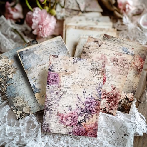 160 Sheets Vintage Flower Scrapbook Paper, Junk Journal Supplies, Purple Pink Flowers with Cursive Script No Repeating Perfect for Junk Journal DIY Cards Craft Albums Scrapbooking Supplies (Purple) - color: Purple