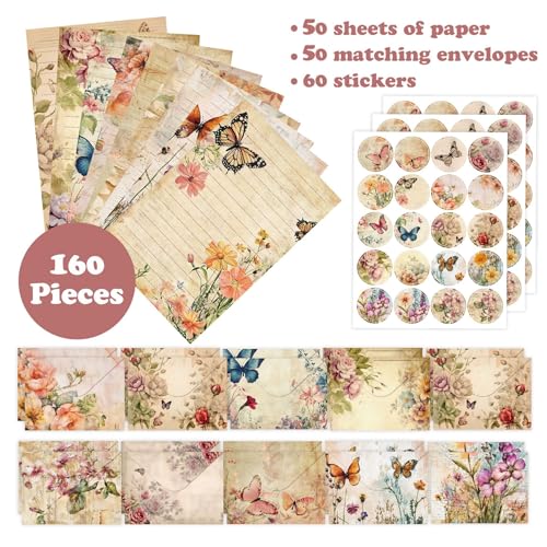 160 Packs Stationery Paper and Envelopes Set 10 Different Designs, 50 One Sided Stationery Writing Papers with 50 Matching Envelopes and 60 Round Dot Sticker, 5.5 x 8.25 Inch (VintagePlant) - style: VintagePlant