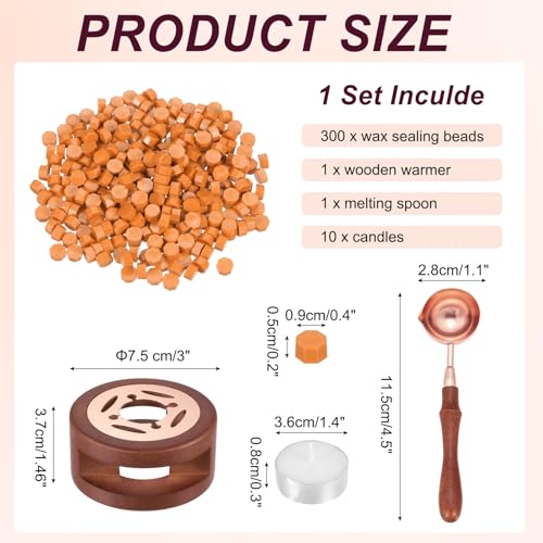PATIKIL Wax Seal Kit, 300 Pcs Wax Sealing Beads, Wooden Warmer, Melted Spoon, 10 Pcs Tealight Candles for Envelope Letter Mailing Crafts DIY, Fresh Orange - color: Fresh Orange