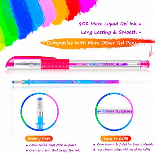 Soucolor 120 Gel Pens Set Adult Coloring Books Refills Art Markers | Gel Pen Set Includes 60 Vibrant Colors, 60 Refills, Coloring Sheets & Portable Case for Adult Coloring Books - color: Black