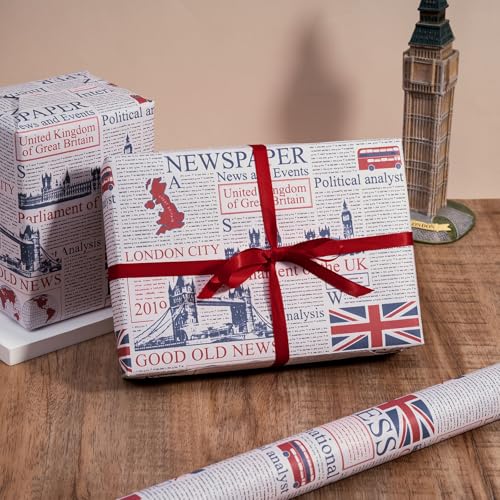 WRAPAHOLIC Kraft British Newspaper Wrapping Paper Roll - Mini Roll - 17 Inch x 16.5 Feet - Vintage UK London Kraft Wrapping Paper for Birthday, Wedding, Anniversary, Bridal Shower - color: Kraft Newspaper - UK London