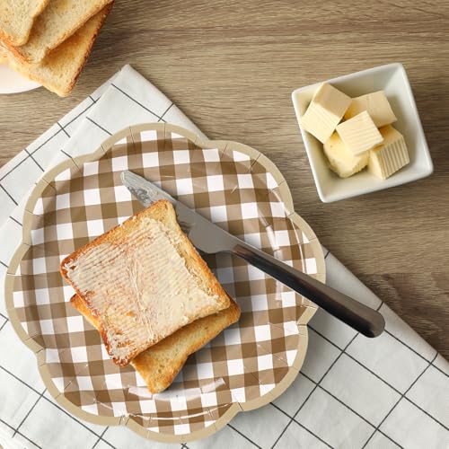 JarThenaAMCS 60 Pcs Brown Gingham Plaid Paper Plates Dessert Plates 7 Inch Brown White Scalloped Checkered Disposable Decorative Dinner Plate for Birthday Baby Shower Party Supplies - color: Brown, size: 7in