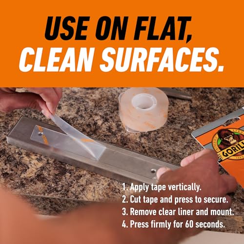 GORILLA Invisible Hold Mounting Tape, Holds Up to 15 lbs, Clear, 1" x 60" - size: 60" inches