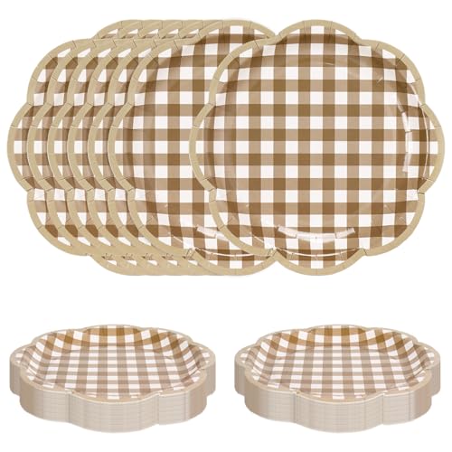 JarThenaAMCS 60 Pcs Brown Gingham Plaid Paper Plates 9 Inch Brown White Scalloped Checkered Disposable Plates Decorative Dessert Plate for Birthday Baby Shower Party Supplies - color: Brown, size: 9in