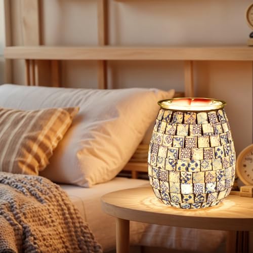 Dicimi Chinese Mosaic Electric Wax Melt Warmer, Handmade Glass Art Candle Warmer Lamp, Plug in Wax Warmer with Night Light 2-in-1, Flameless Wax Melter for Home, Housewarming Birthday Gift - color: Blue Square Pattern