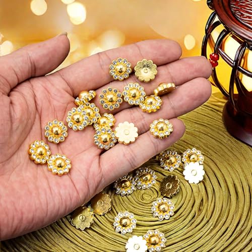 50 pcs Rhinestone Faux Pearl Buttons, Gold, 14mm - color: Gold