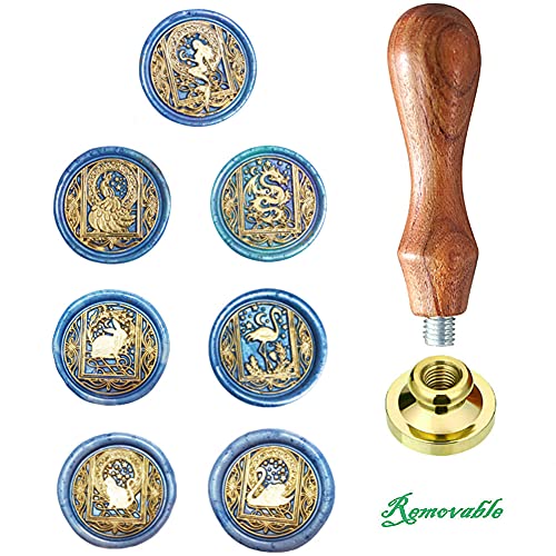 Wax Seal Stamp kit, ANBOSE Starry Animal Wax Seal Stamp Set with 7 PCS Removable Brass Heads and 1 Wooden Handle, Retro Vintage Mermaid Peacock Dragon Rabbit Flamingo Cat Swan Sealing Wax Stamp - size: ys/m
