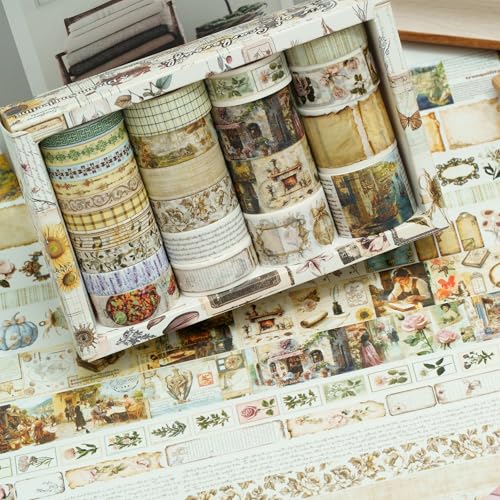 Vintage Washi Tape Set - 24 Rolls Arts Adhesive Tapes Assorted Retro Decorative Masking Tape Sets for Craft, Kids, Scrapbook, DIY, Gift Wrapping (6-Timeless Notes) - color: 6-Timeless Notes