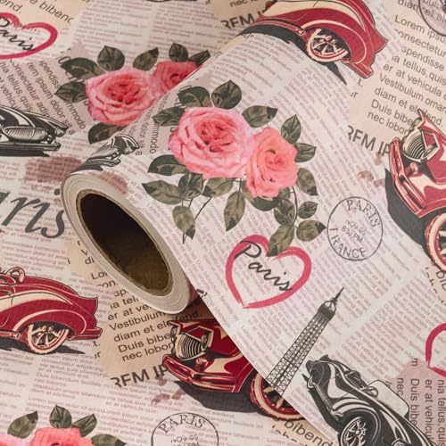 WRAPAHOLIC Kraft Vintage Car Wrapping Paper Roll - Mini Roll - 17 Inch x 16.5 Feet - Retro Paris Classic Car and Rose Newspaper Wrapping Paper for Birthday, Wedding, Anniversary, Bridal Shower - color: Kraft Newspaper - Paris & Car