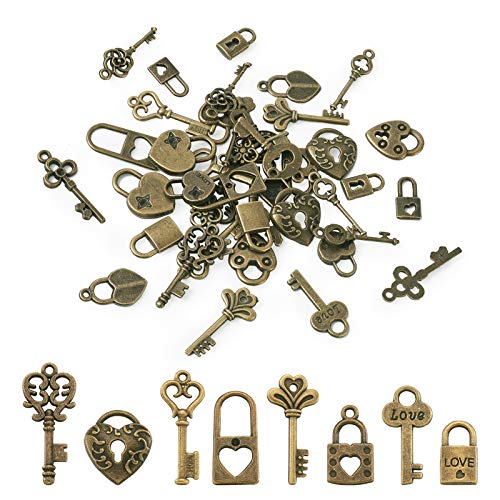KISSITTY 48pcs/box Antique Bronze Mixed Styles Vintage Skeleton Small Key & Lock Charms Collection 7.5-17.5x14-32.5mm for DIY Jewelry Craft Making